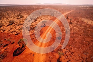 Aerial view of the dusty, red arid land of outback Australia