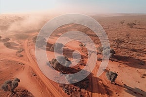 Aerial view of the dusty, red arid land of outback Australia