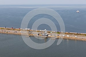 Aerial view Dutch afsluitdijk, separation between IJsselmeer and Wadden Sea