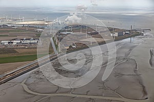 Aerial view Dutch Eemshaven with coal powered electricity plant