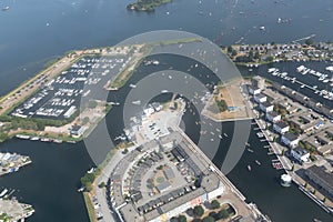 Aerial view Dutch harbor Zeewolde with everal sea scout sloops