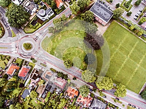 Aerial view of Dutch town, builidings, park, roundabout
