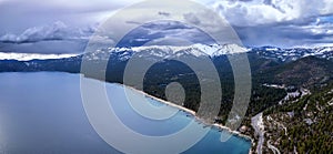 Aerial view of East Lake Tahoe by Incline Village on a cloudy day