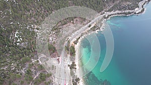 Aerial view of East Lake Tahoe by Incline Village on a cloudy day