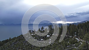 Aerial view of East Lake Tahoe by Incline Village on a cloudy day