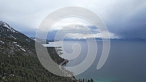 Aerial view of East Lake Tahoe by Incline Village on a cloudy day