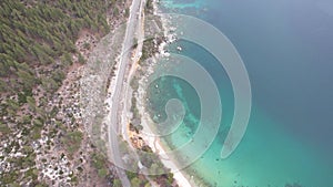 Aerial view of East Lake Tahoe by Incline Village on a cloudy day