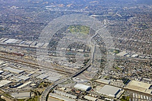 Aerial view of East Los Angeles, Bandini, view from window seat