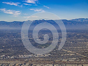 Aerial view of East Los Angeles, Bandini, view from window seat