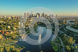 Aerial view of Echo Park and downtown Los Angeles during golden hour