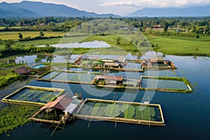 aerial view of eco-friendly fish farm ponds