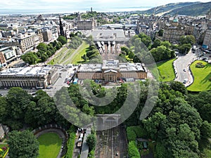 Aerial view of Edinburgh city skyline from the top of Edinburgh Castle, Scotland