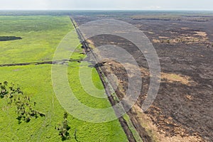 Aerial view of the effect of fire on pastoral and - one burnt paddock and one unburnt photo