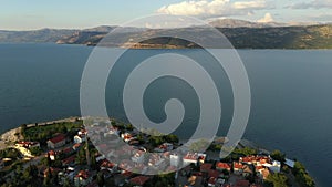 Aerial view of Egirdir lake, island and village. Landscape with a small town among the lake