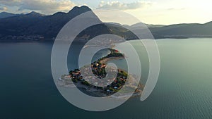 Aerial view of Egirdir lake, island and village. Landscape with a small town among the lake under the mountain