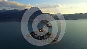 Aerial view of Egirdir lake, island and village. Landscape with a small turkish town among the lake under the mountain