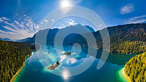 Aerial view of Eibsee lake and Zugspitze mountain