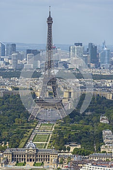 Aerial view of Eiffel Tower and La Defense business district taken from Montparnasse Tower