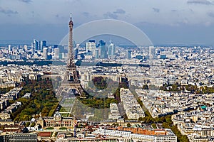 Aerial view with Eiffel tower and La Defense district in Paris