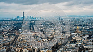 Aerial View Of Eiffel Tower And Paris City. Elevated View Of Cityscape