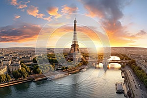 Aerial view of the Eiffel Tower at sunset, Paris, France, Aerial panoramic view of Paris with Eiffel Tower at sunset, France, AI