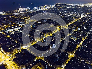 Aerial view of Eixample district at night, Barcelona