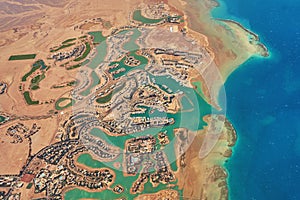 Aerial view of El Gouna a luxury Egyptian tourist resort located on the Red Sea 20 kilometres north of Hurghada.