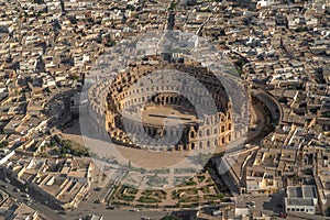 Aerial view of El Jem Coliseum - The largest Roman amphitheater in Africa- Tunisia