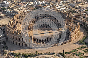 Aerial view of El Jem Coliseum - The largest Roman amphitheater in Africa- Tunisia