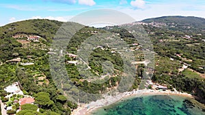 Aerial view of Elba Island. Barabarca Beach and Southern Coastline in summer season. Drone viewpoint