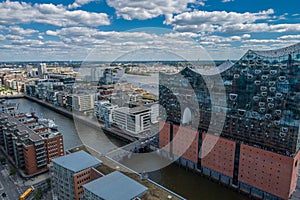 Aerial View on Elbphilharmonie in Hamburg. Summer city landscape.