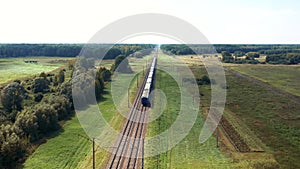 Aerial View Electric Locomotive Train With Passenger Cargo Wagon Rides By Rail