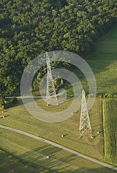 Aerial view of electric pylons