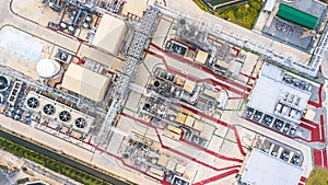 Aerial view electrical power plant support all oil and gas refinery plant form industry zone.