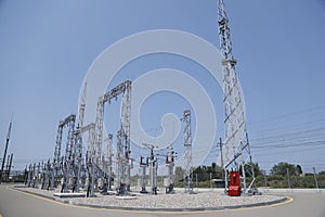 Aerial view of electrical substation surrounded by metal towers