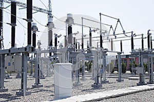 Aerial view of electrical substation surrounded by metal towers