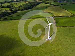 Aerial view of a electricity generating wind turbine