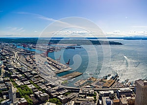 Aerial view of Elliott Bay, Seattle waterfront and port or habor on a sunny day, Seattle, WA, USA