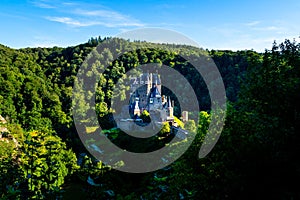 Aerial view of the Eltz Castle ang forest landscape in Germany