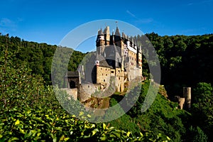 Aerial view of the Eltz Castle ang forest landscape in Germany