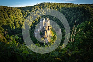 Aerial view of the Eltz Castle ang forest landscape in Germany