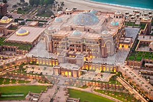 Aerial view of Emirates Palace in Abu Dhabi at night