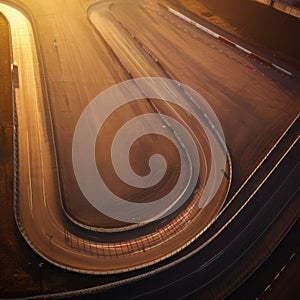 Aerial view of empty car race track, created using generative ai technology