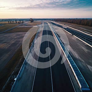 Aerial view of empty car race track, created using generative ai technology