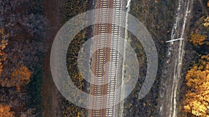 Aerial view of empty cargo train moving through autumn forestAerial top view of railway through autumn forest. Railroad moving dro