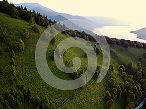 the aerial view of an empty road winding down a grassy hill