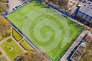 Aerial view of empty soccer field in Europe