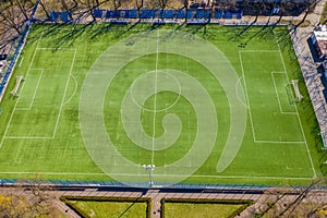 Aerial view of empty soccer field in Europe
