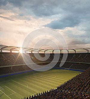 Aerial view of empty soccer football arena stadium with grass field. 3D render. Cloudy evening sky. Concept of sport