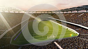 Aerial view of empty soccer football arena stadium with grass field. 3D render. Cloudy evening sky. Concept of sport